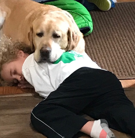 A boy cuddling with his yellow Lab